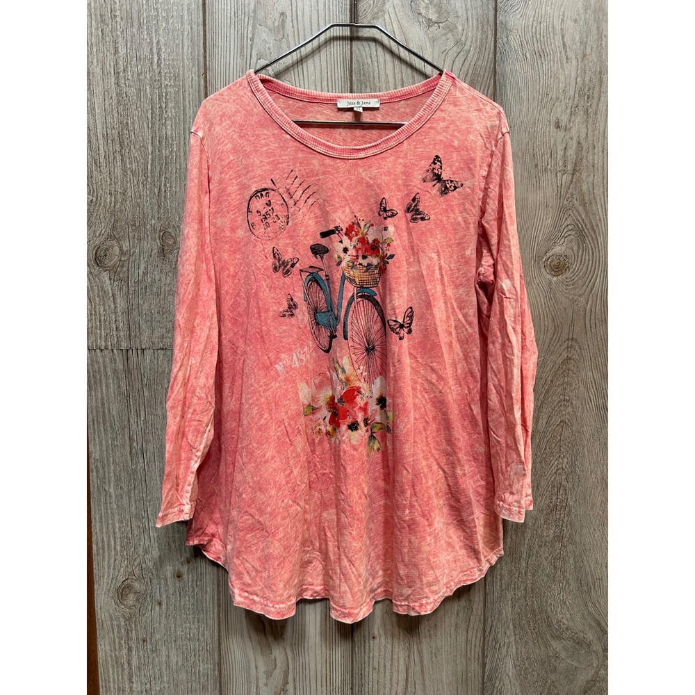 Jess & Jane Womens XL light red pink Bicycle Butterfly Graphic Long Sleeve Tee